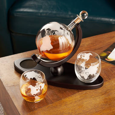 The Wine Savant Etched World Map Globe 5 Piece Whiskey Decanter